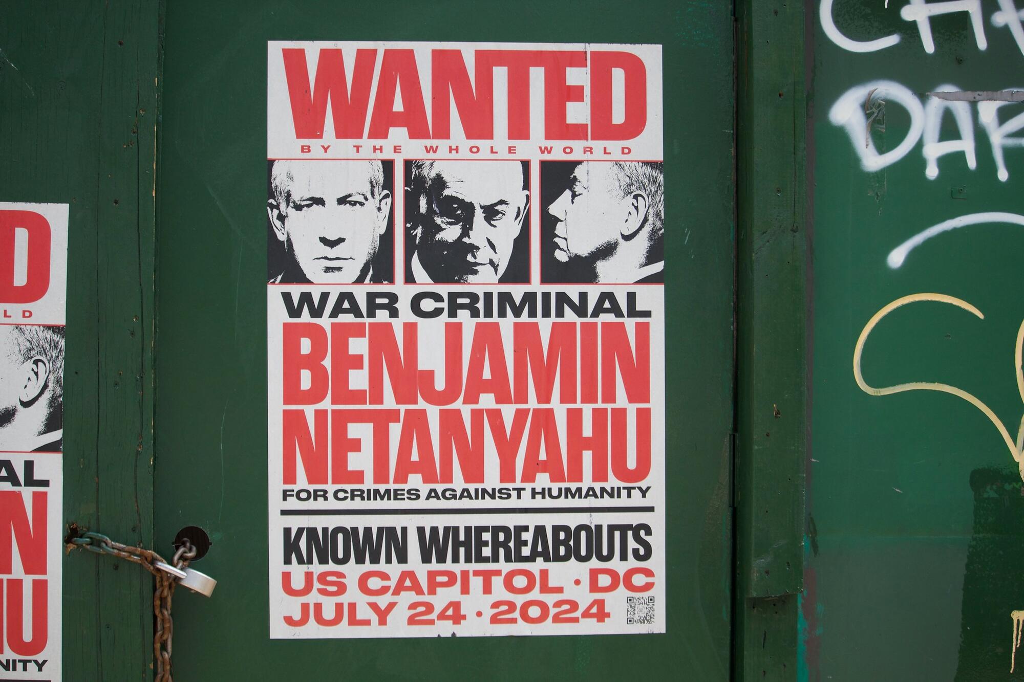 Cartel de denuncia contra Benjamin Netanyahu en el Bronx